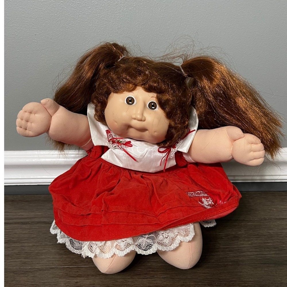 Vintage 1987 Cabbage Patch Kids Doll Red Dress Brown Hair Signed Coleco 16 inch